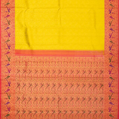 Lemon Yellow Handloom Kanchipuram Korvai Silk Saree With Meena Motifs