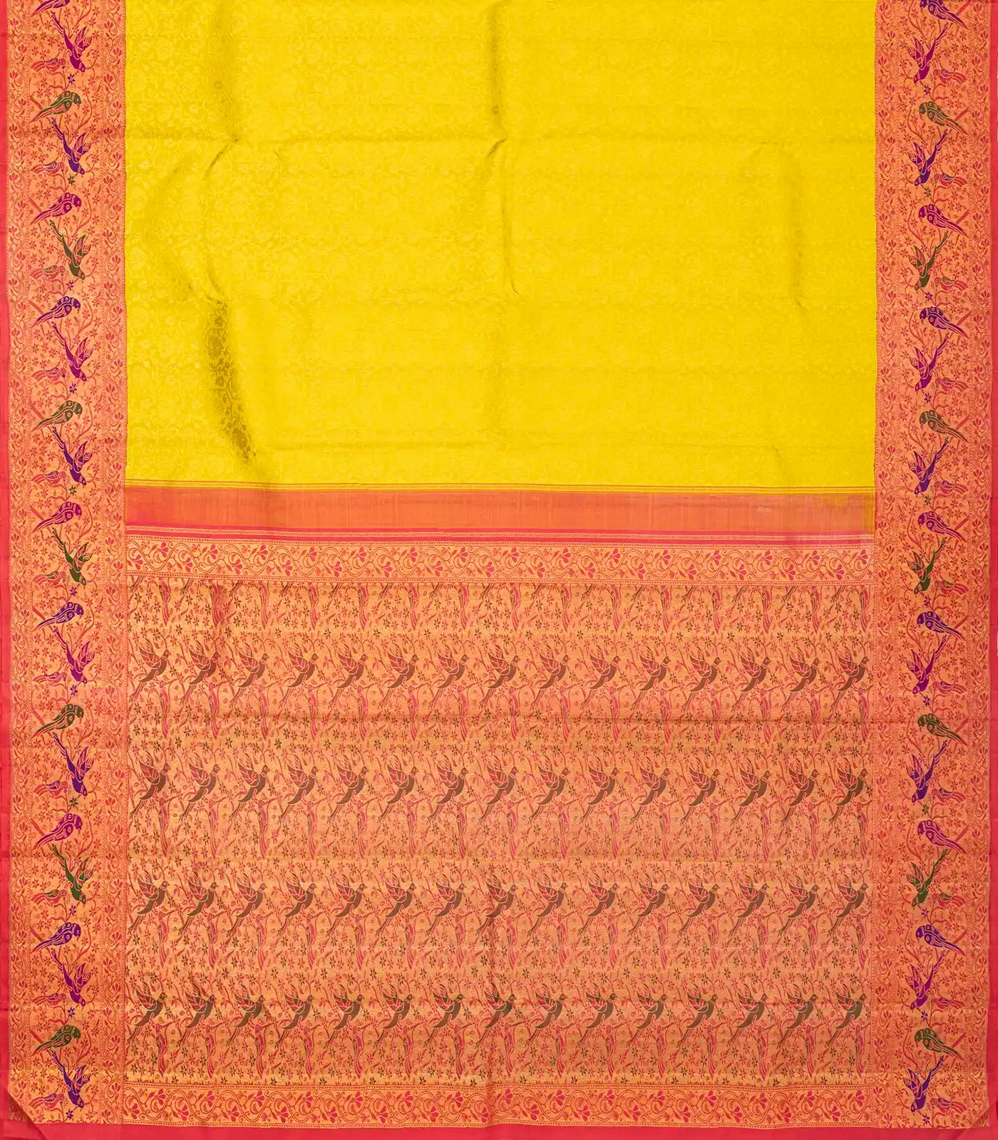 Lemon Yellow Handloom Kanchipuram Korvai Silk Saree With Meena Motifs