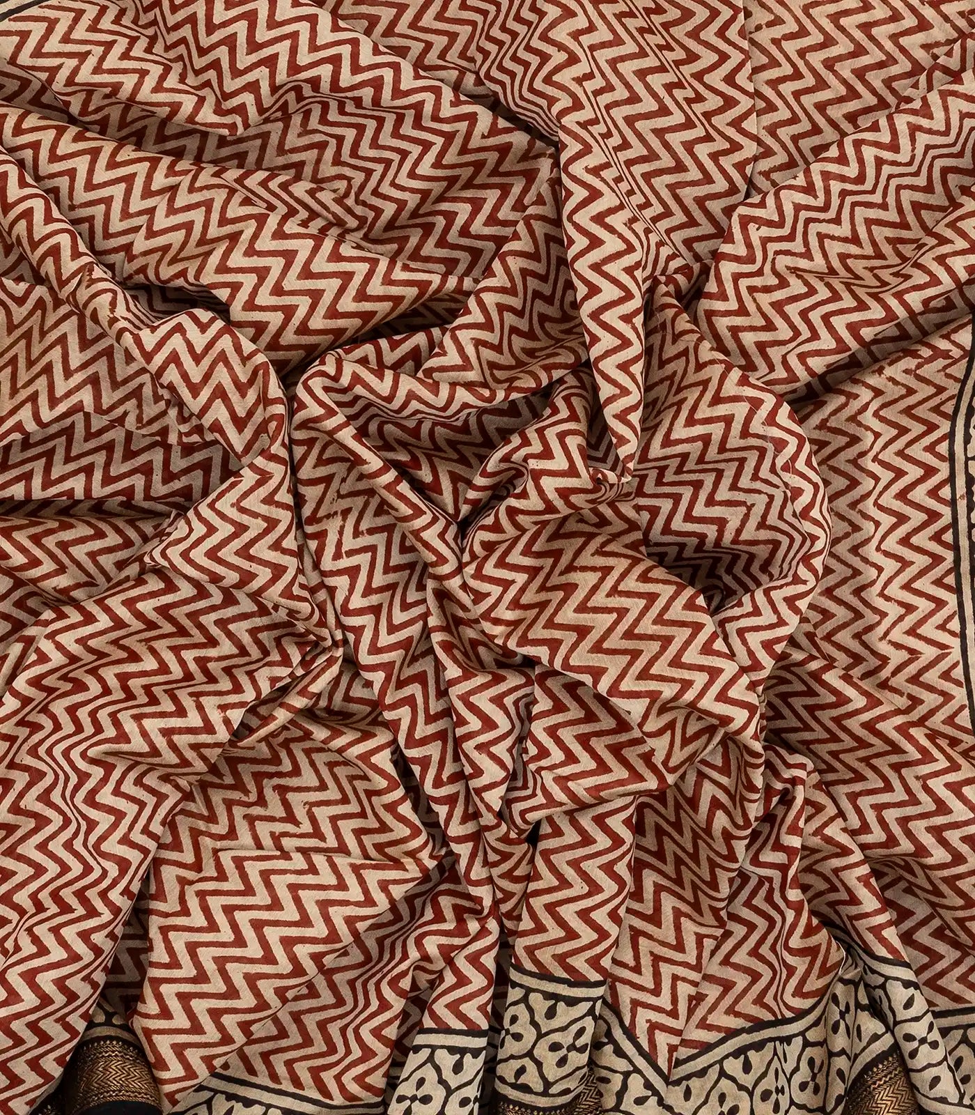 Rust Handloom Chanderi Cotton Saree With Printed Chevron Motifs