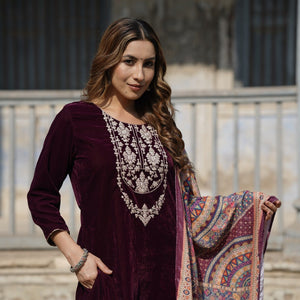 Burgundy Velvet Straight Kurta Pant With Dupatta PKSKD1766