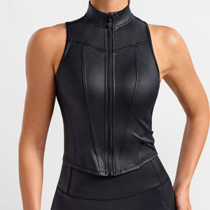 Faux Leather Moto Vest - Black