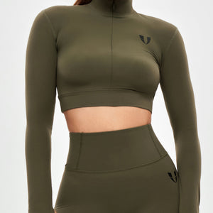 Stand Collar Crop Top - Combat Green