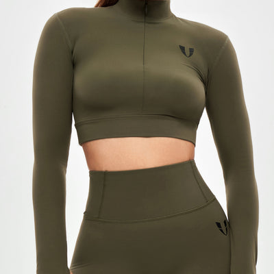 Stand Collar Crop Top - Combat Green