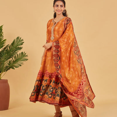 Mustard Anarkali Set With Matching Dupatta
