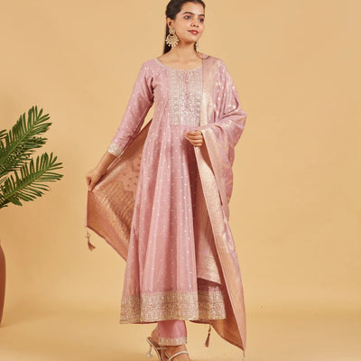 Dusty Pink Anarkali Set With Matching Dupatta