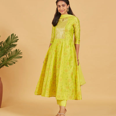 Yellow Green Kurta Set With Matching Dupatta