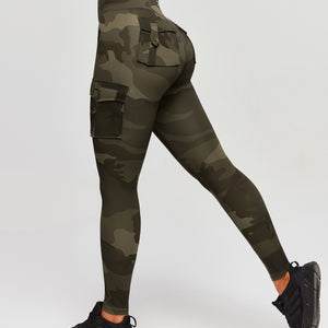 High Waisted Cargo Leggings - Army Green Camo