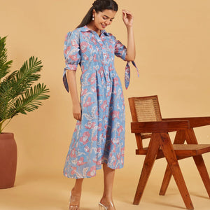 Blue Floral Printed Shirt Dress