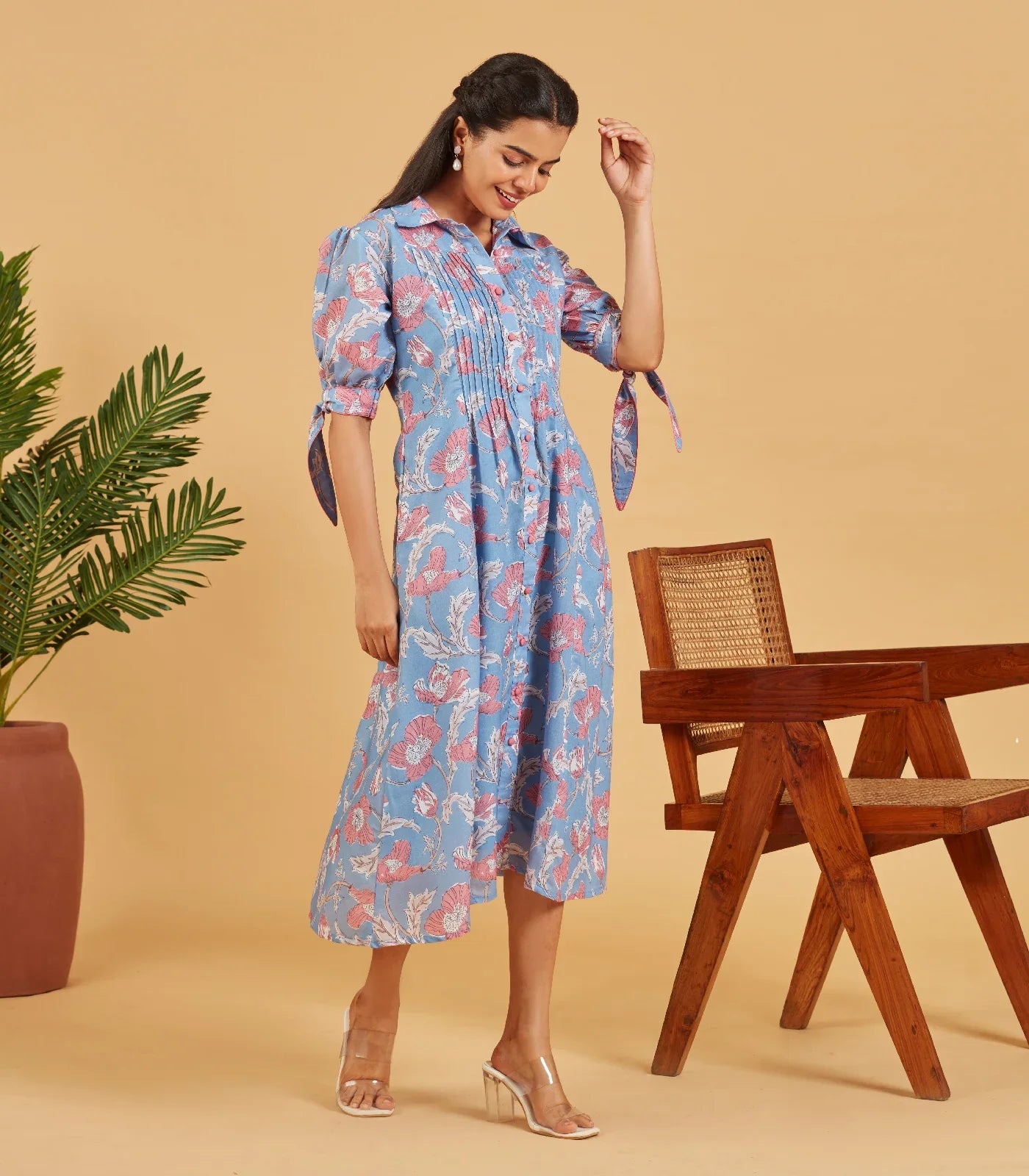 Blue Floral Printed Shirt Dress