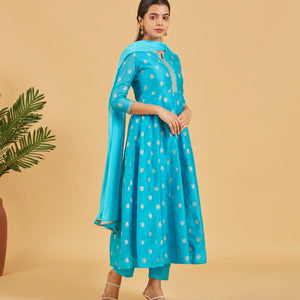 Turquoise And Gold Anarkali Set