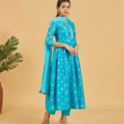Turquoise And Gold Anarkali Set