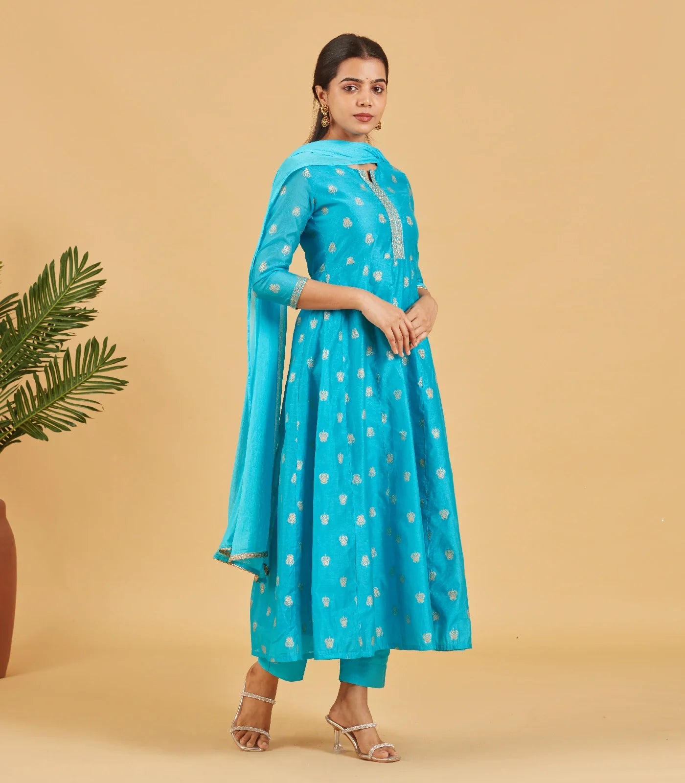 Turquoise And Gold Anarkali Set