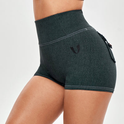 High Waist Cargo Shorts - Denim Green