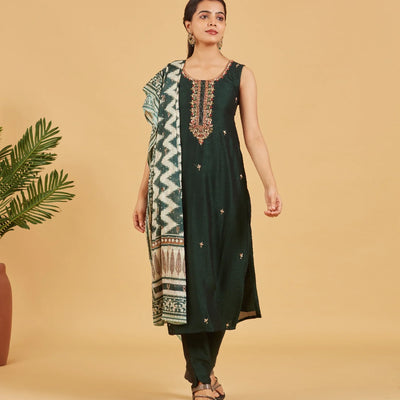 Bottle Green Embroidered Festive Kurta Set