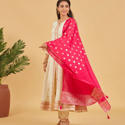 Cream Anarkali Suit With Contrast Fuchsia Pink Dupatta