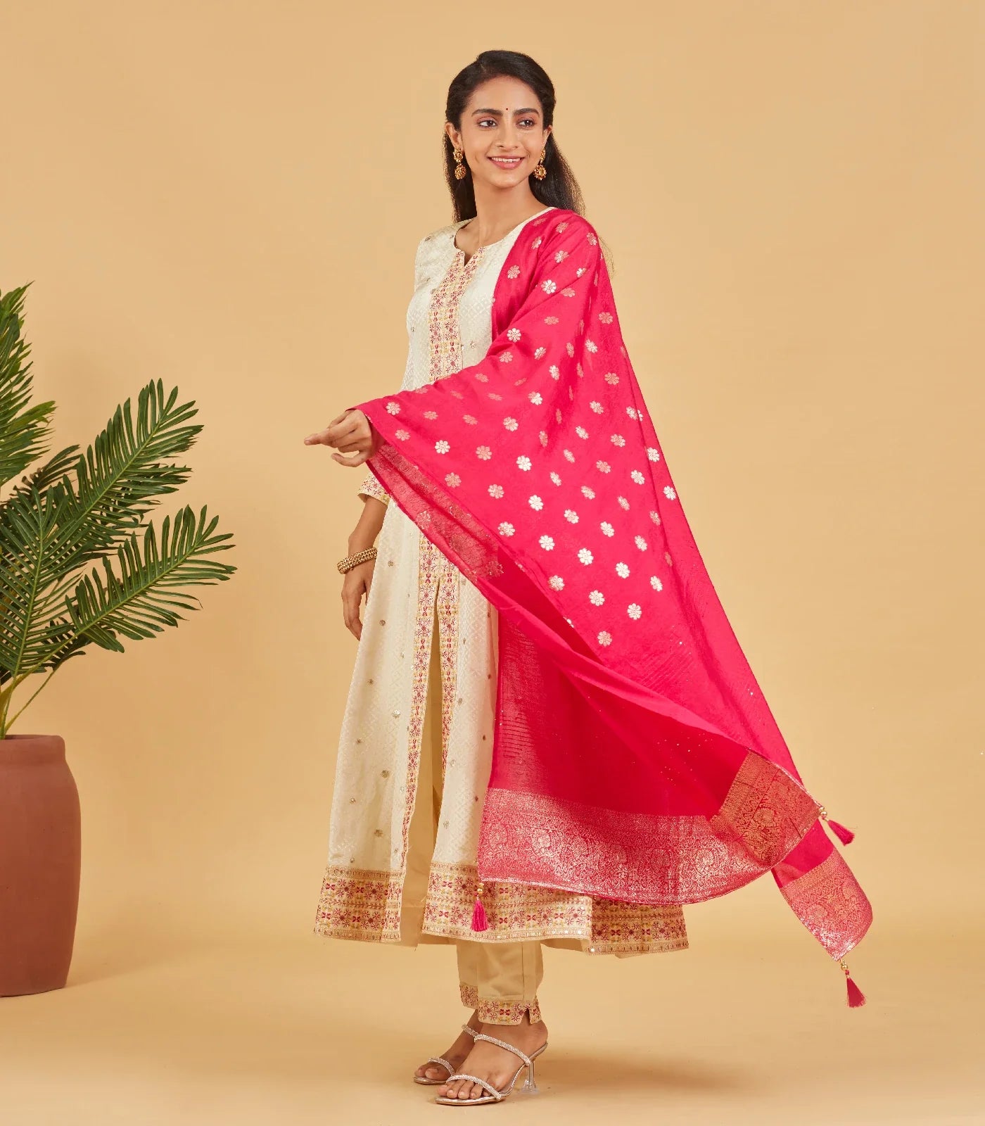 Cream Anarkali Suit With Contrast Fuchsia Pink Dupatta