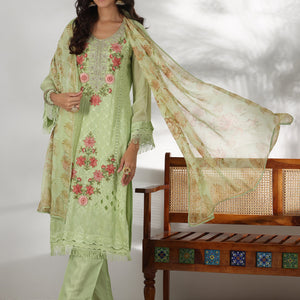Green Embroidered Organza Straight Suit With Dupatta