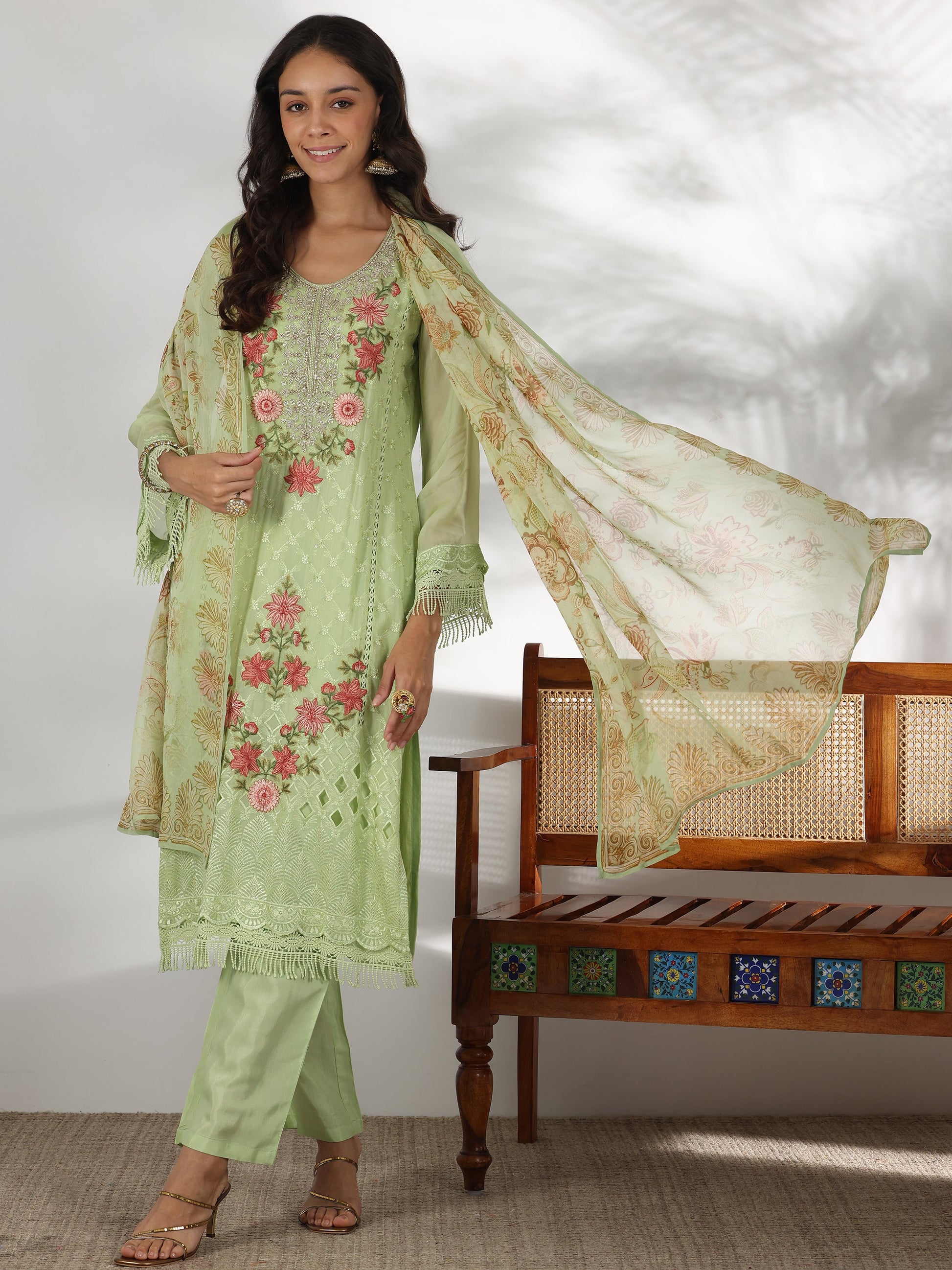 Green Embroidered Organza Straight Suit With Dupatta