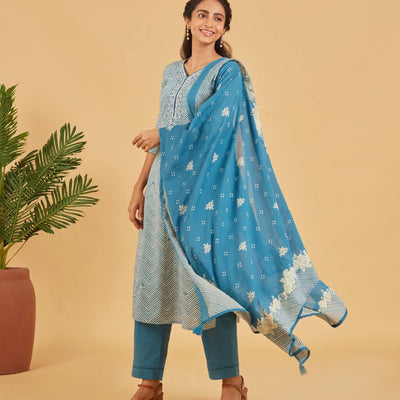 Classic Blue Cotton Kurta Set With Matching Dupatta