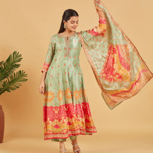 Misty Green Anarkali Set With Matching Dupatta