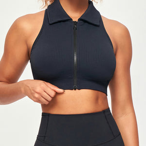 Ribbed Full Zip Padded Tank Top - Black