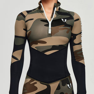 Half Zip Long Sleeve Top - Coffee Camo