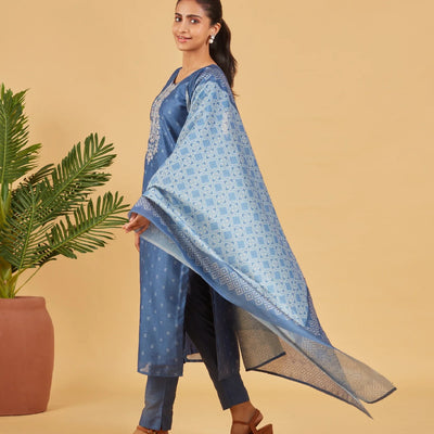 Cobalt Blue Kurta Set With Matching Dupatta