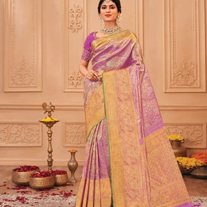 Bubblegum Pink Handloom Kanchipuram Silk Saree With Floral Zari Motifs