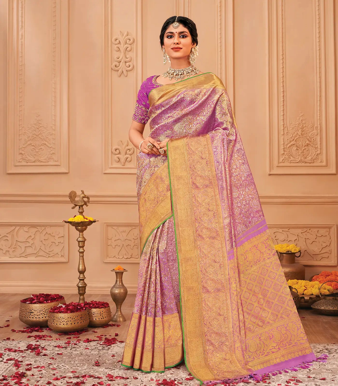Bubblegum Pink Handloom Kanchipuram Silk Saree With Floral Zari Motifs