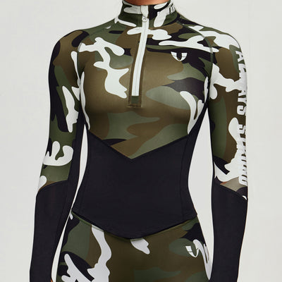 Half Zip Long Sleeve Top - White Green Camo