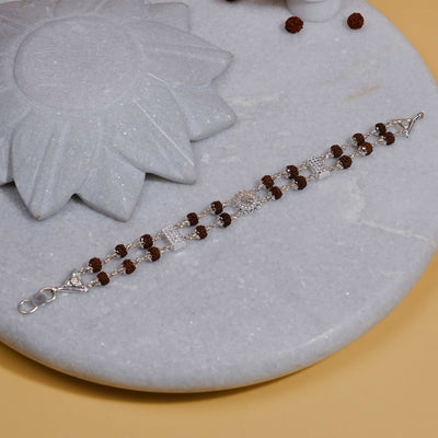 Rudraksha Silver Om With Sunface Double Line Bracelet
