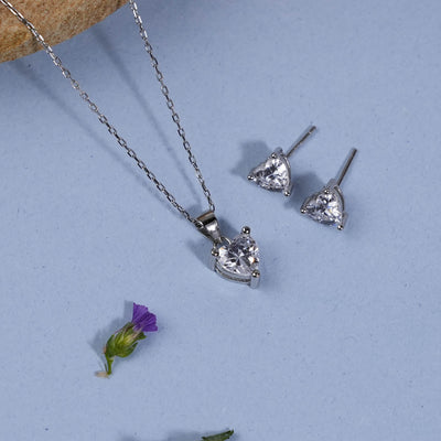 Silver Set Chain Heart-Shaped Pendant and Earrings with Stones for Women