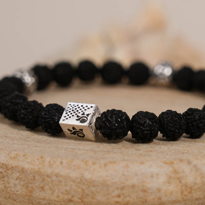 Black Rudraksha and Om Silver Beads Bracelet