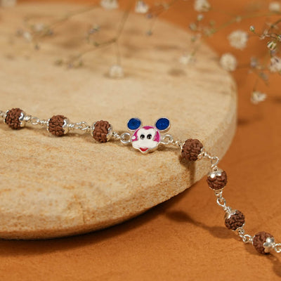 Rudraksha Silver Bracelet with Colorful Mickey Mouse Single Line for Kids