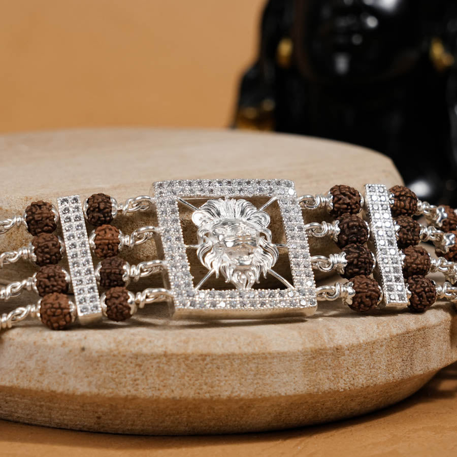 Rudraksha Silver Roaring Lion Four Linne Bracelet