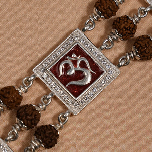 Rudraksha Silver Om With Swastik Tripal Line Bracelet