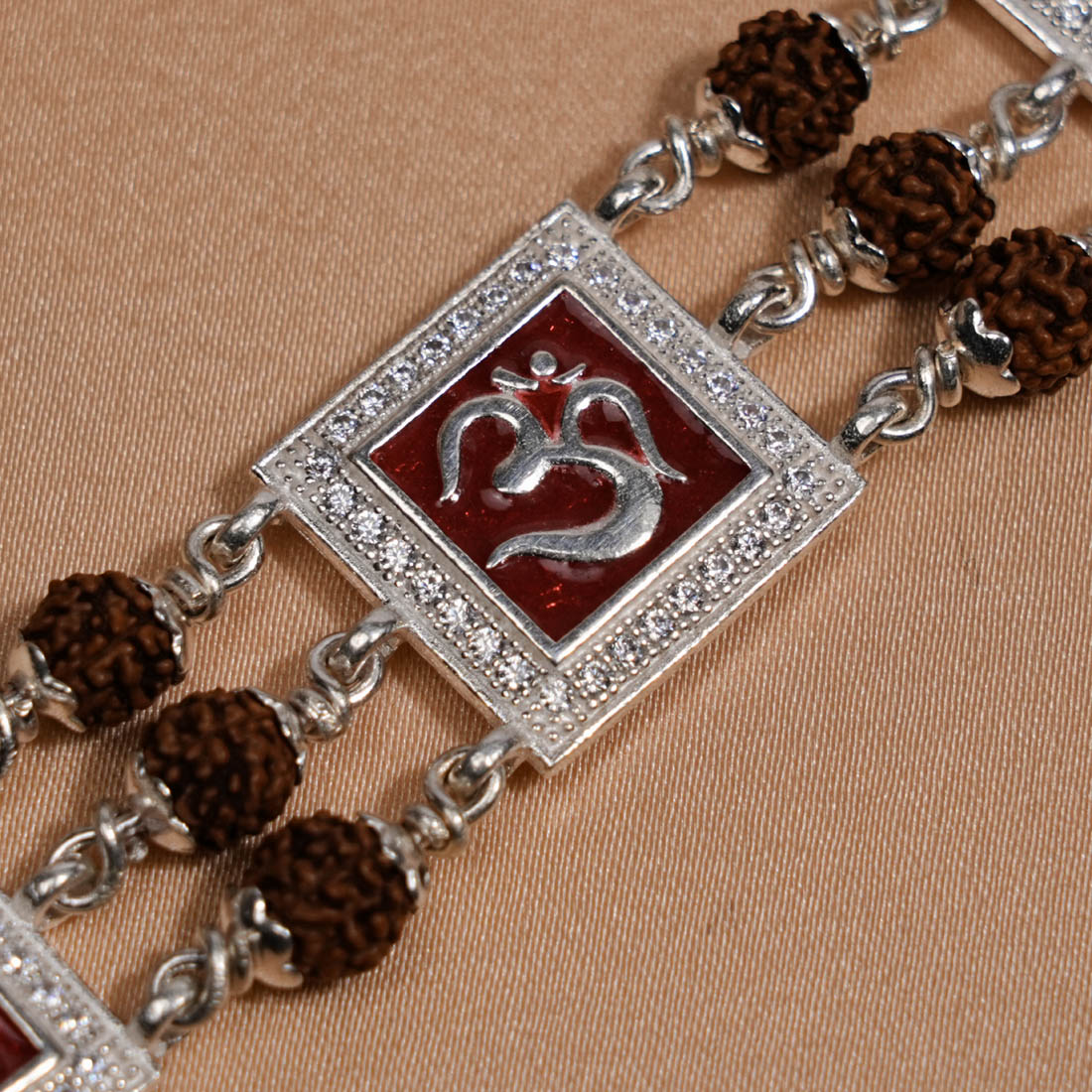 Rudraksha Silver Om With Shree Tripal Line Bracelet