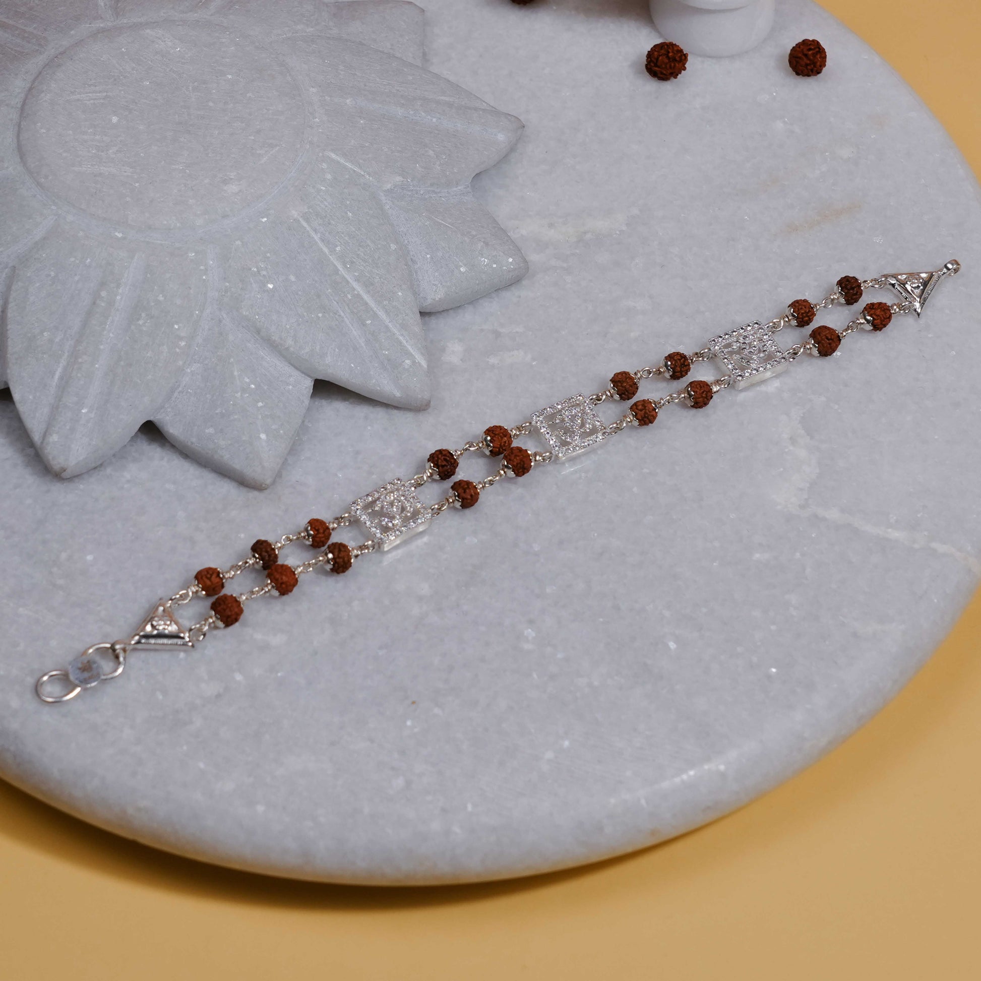 Rudraksha Silver Three Om double line Bracelet
