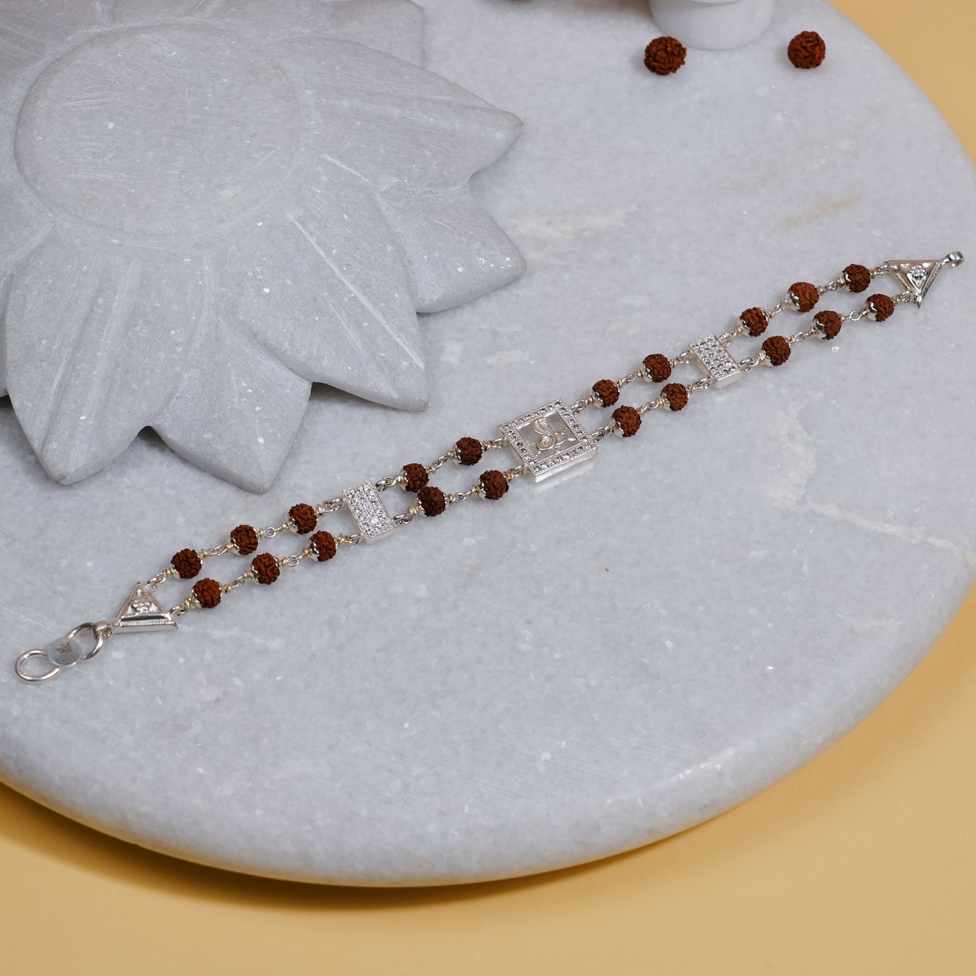 Rudraksha Silver bracelet with central Naag double line for men
