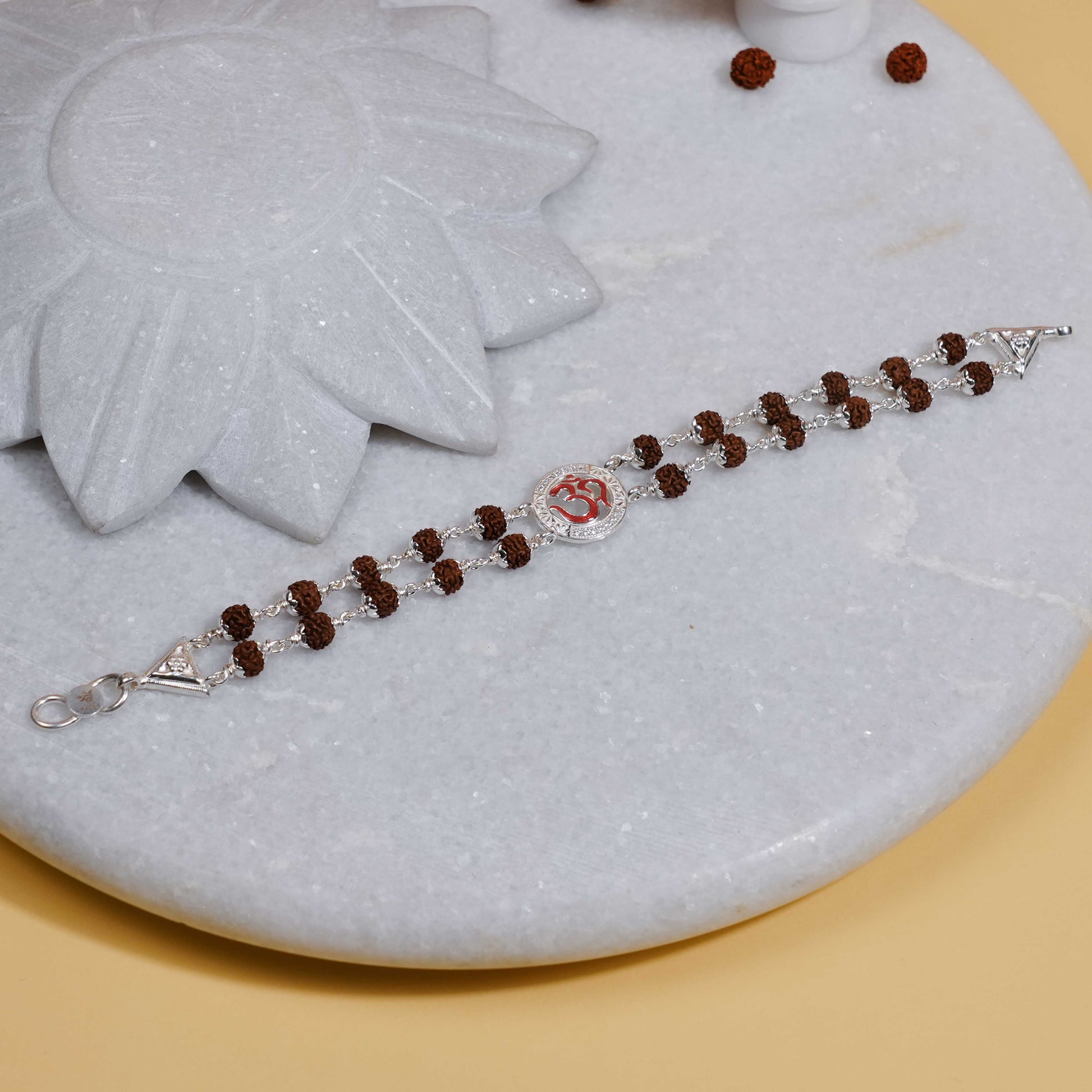 Rudraksha Silver Om in Round Shape double line Bracelet