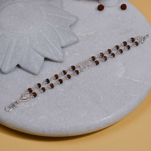 Rudraksha Silver Trishul Symbol in Square double line Bracelet