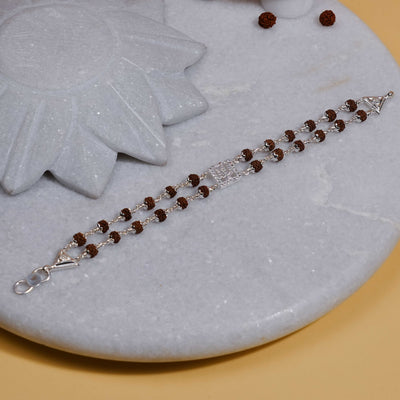 Rudraksha Silver Trishul Symbol in Square double line Bracelet