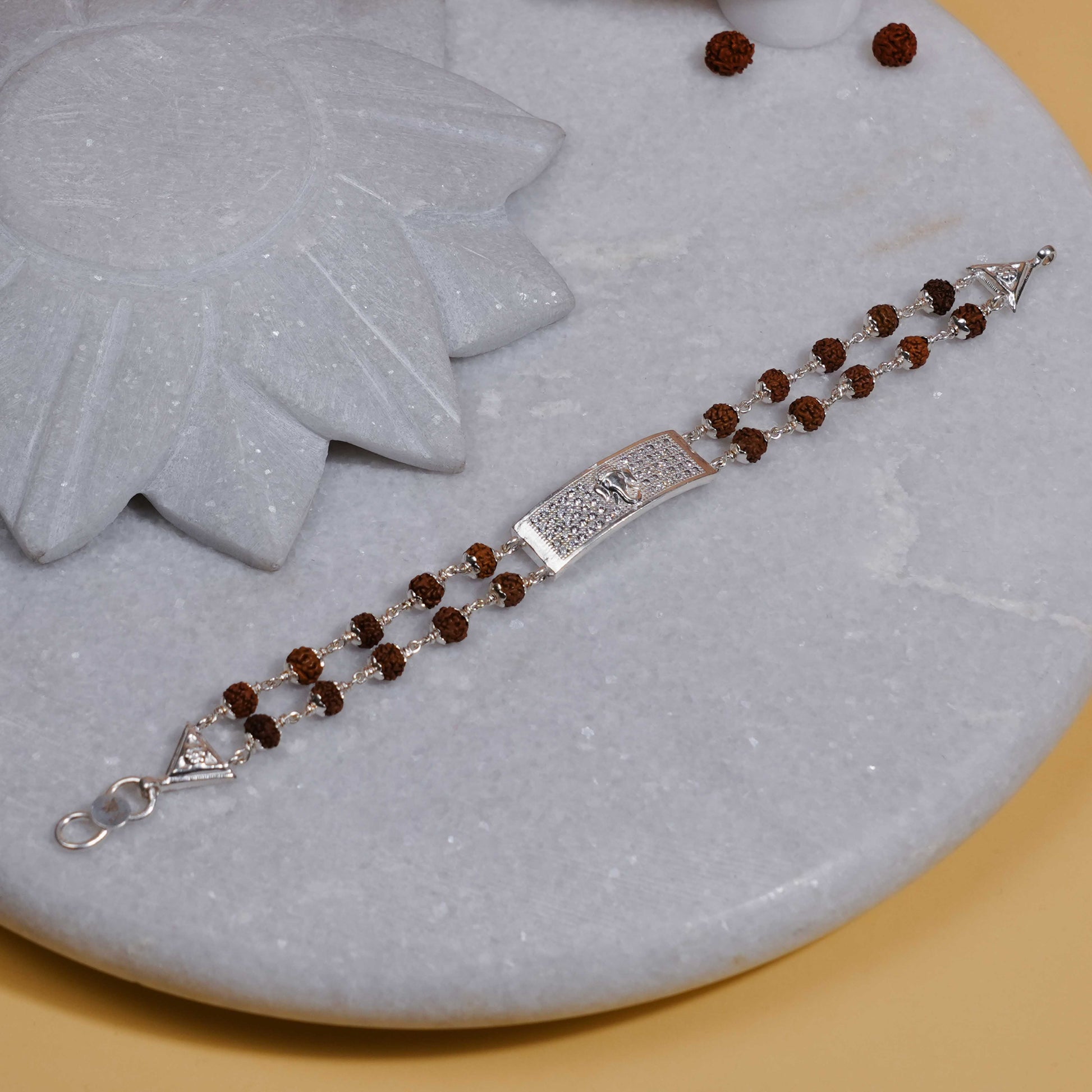 Rudraksha Silver Ganesh Rectangle Double Line Bracelet