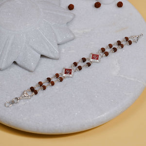 Silver Rakhi with Rudraksha and Two Om Symbols, Double Line Design