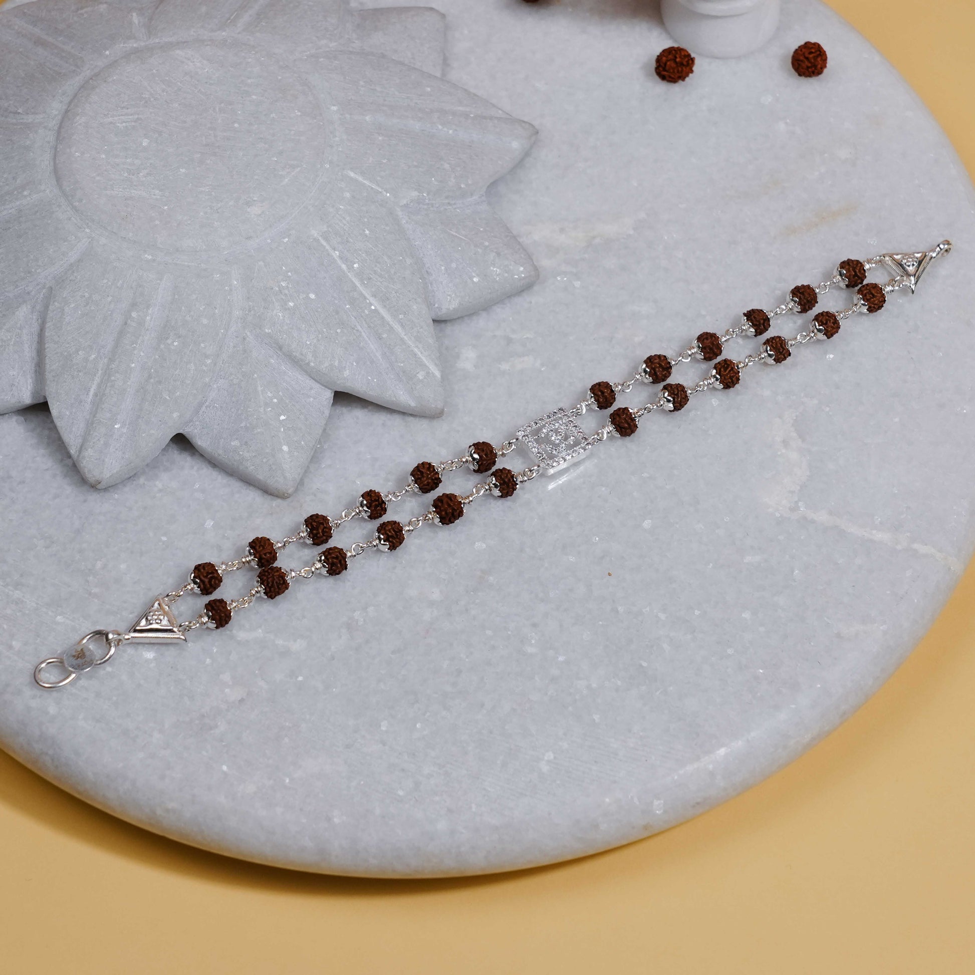 Rudraksha Silver Square Daimond Om double line Bracelet