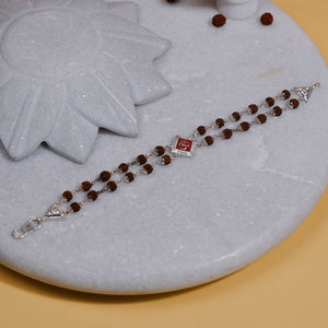Silver Rakhi with Rudraksha and Om, Red-Colored Double Line Design