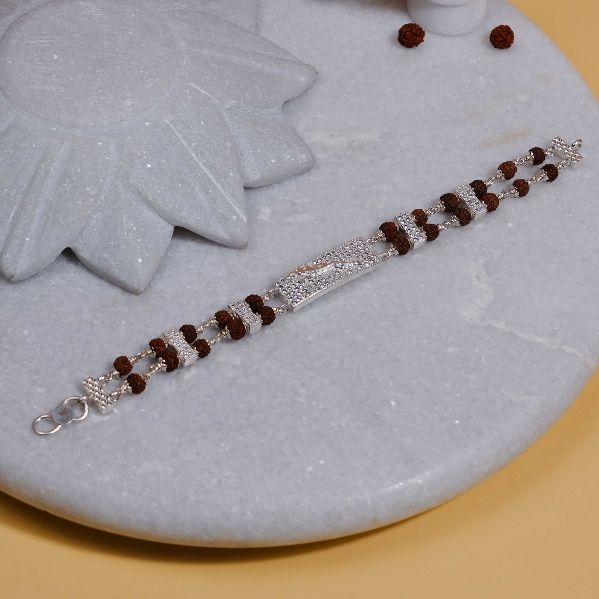 Rudraksha Silver Bracelet with Jaguar in Square Shape Double Line for Men