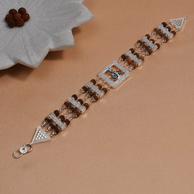 Rudraksha Silver Daimond Goga Tripel Line Bracelet