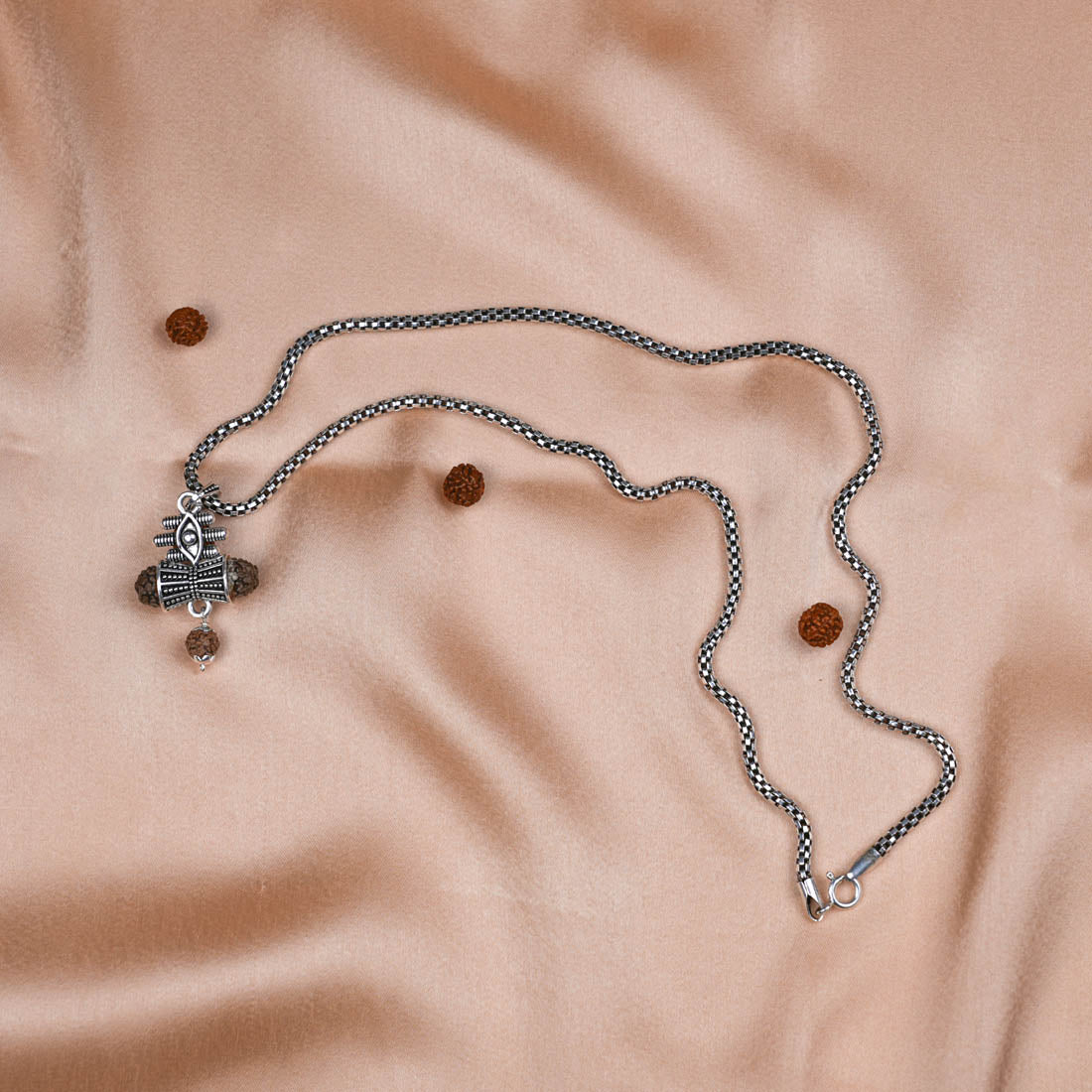 Rudraksha Damru & Lord Shiva Third Eye Pendant with Silver Chain