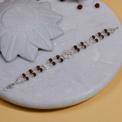 Silver Rakhi with Original Rudraksha, Central Om in Circular Sphere, Double Line Design for Men